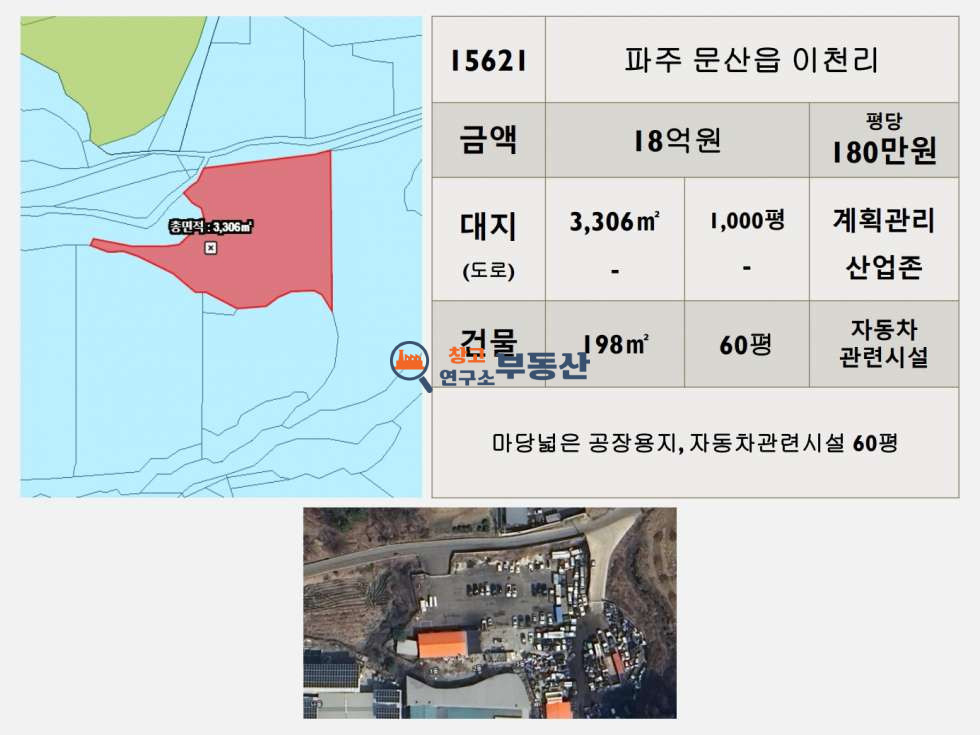 경기 파주시 문산읍 이천리 #매매1,000평#자동차관련시설60평#계획관리&산업존#단독대형마당#입주가능# 매매 매물번호 15621 사진 2